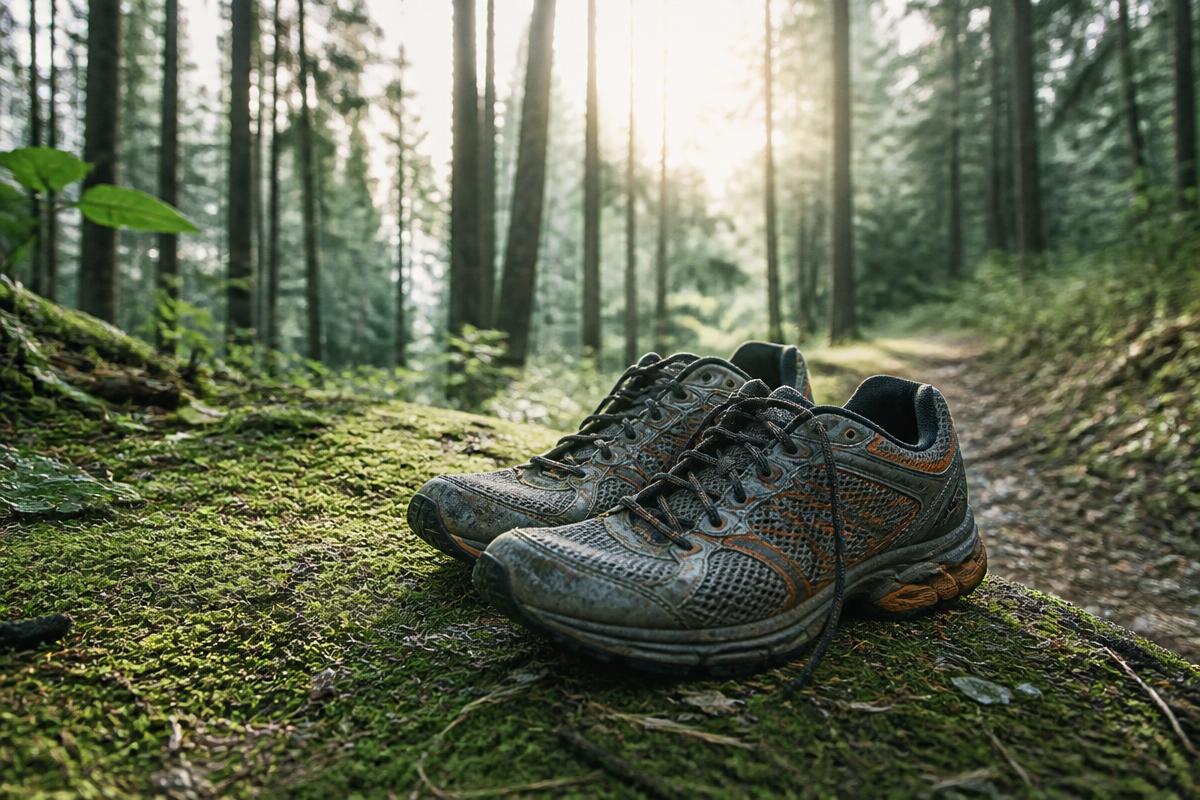 Worn running shoes resting on a mossy forest trail at dawn