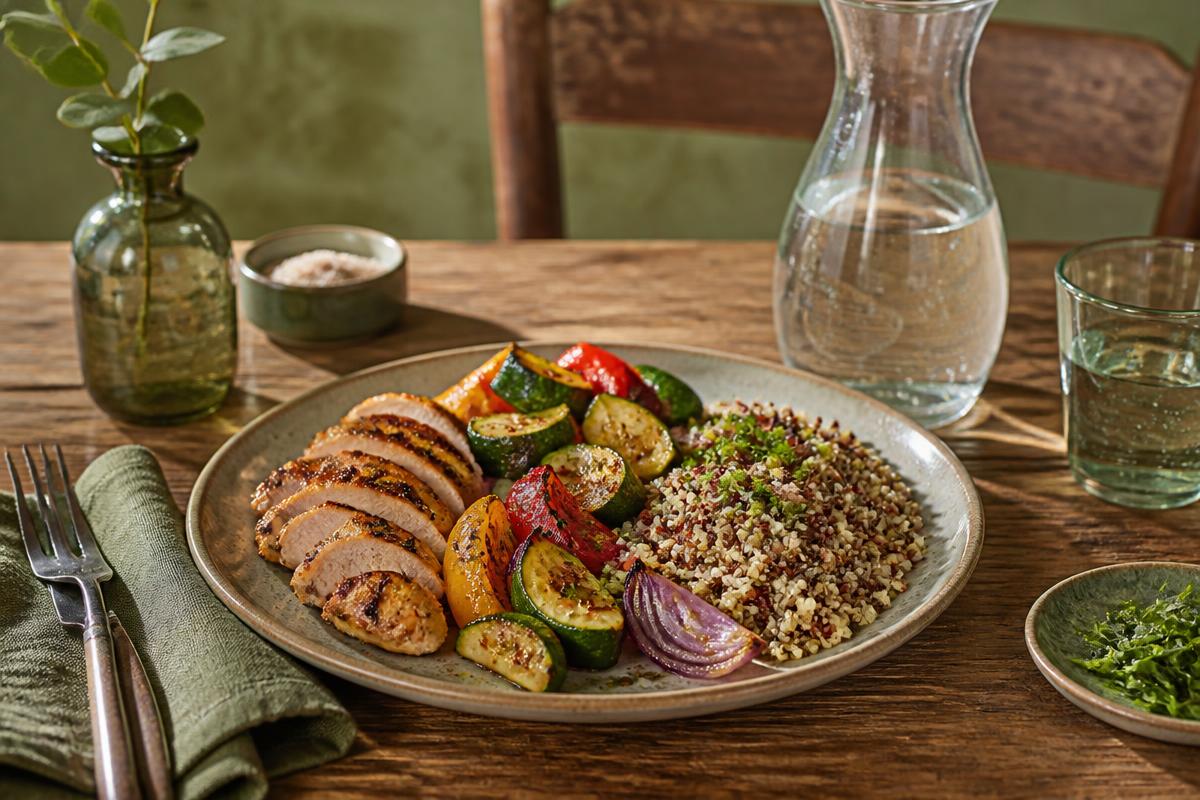Rustic table with grilled chicken, roasted vegetables, quinoa and a carafe of water