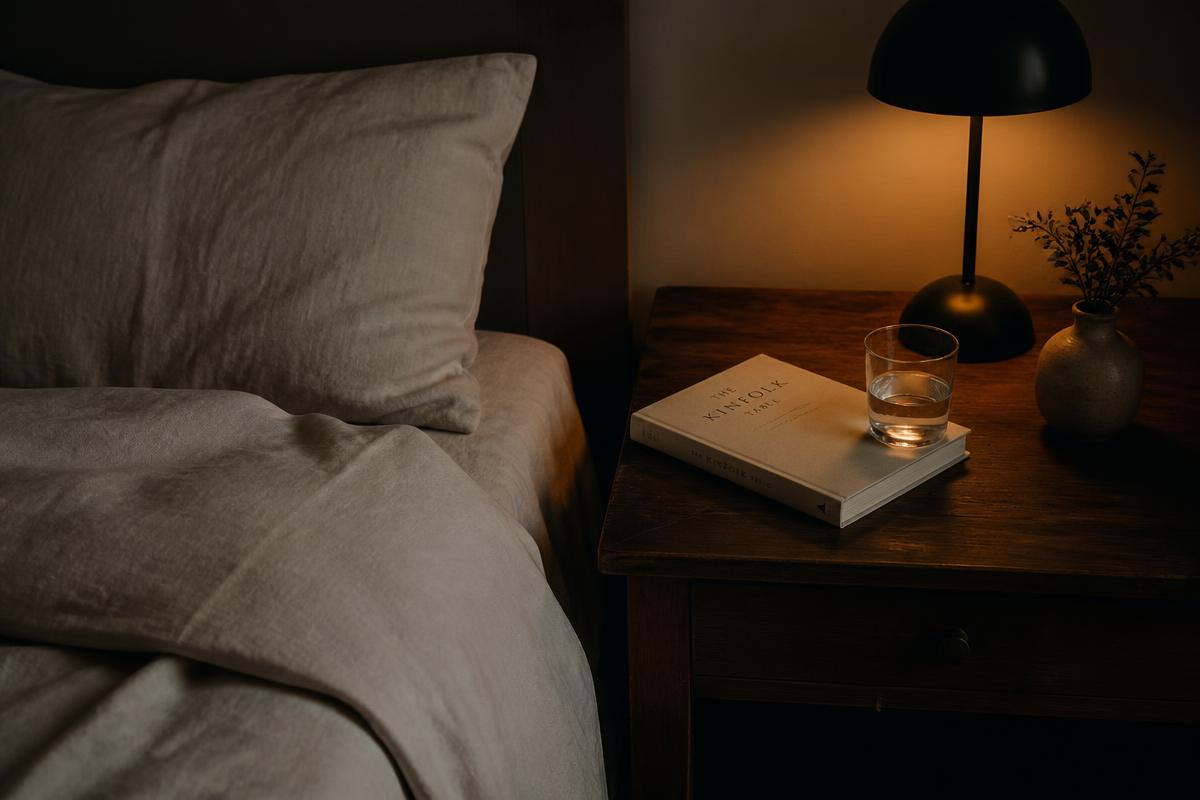 Dim bedroom with linen sheets, a book and a glass of water on a wooden nightstand