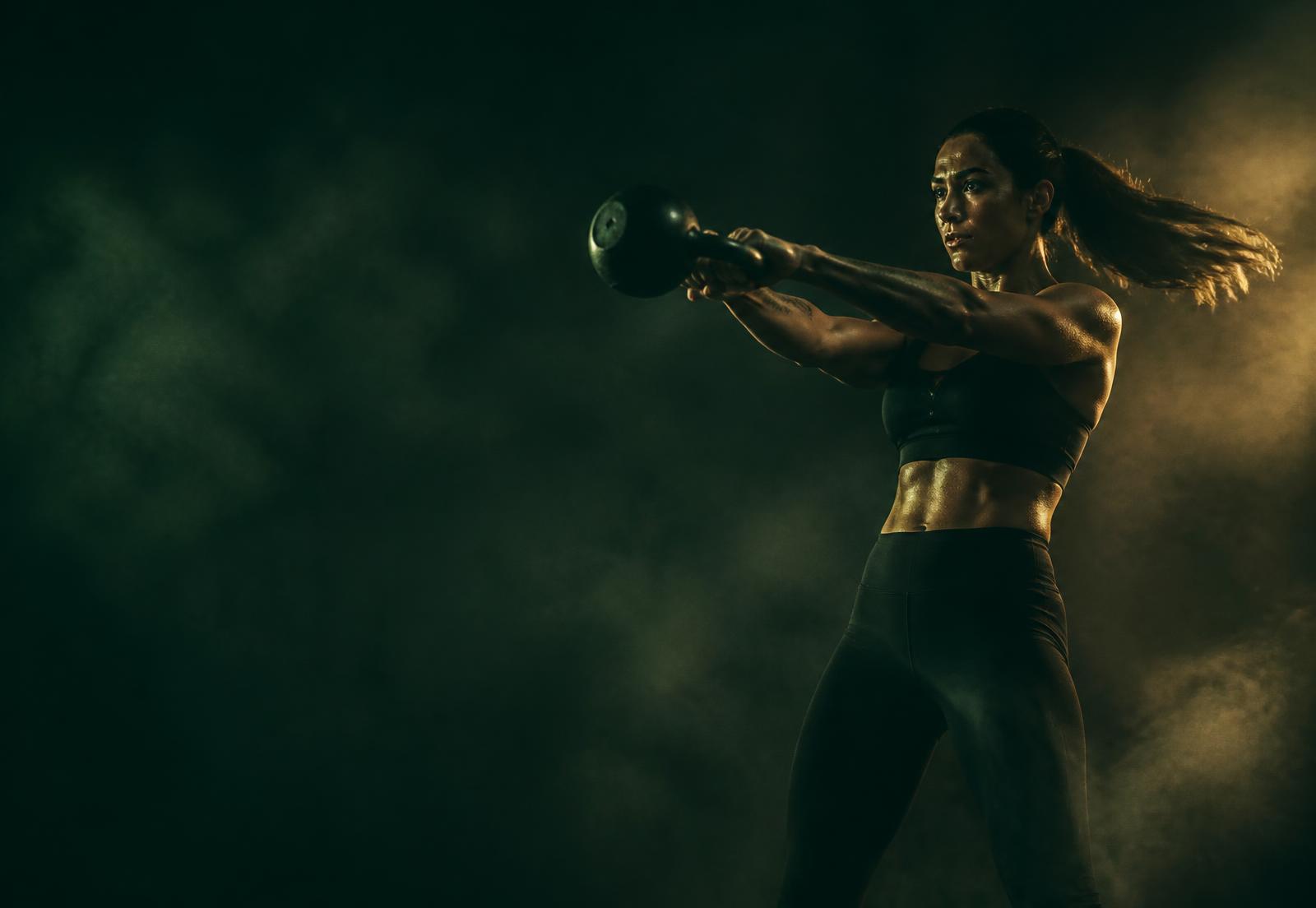 Athlete training with a kettlebell under dramatic low light